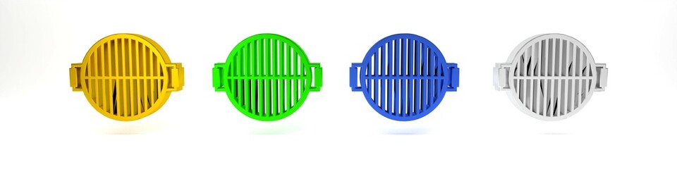 Colorful Barbecue grill icon isolated on white background. Top view of BBQ grill. Steel grid. Minimalism concept. 3D render illustration