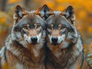 Obraz premium two majestic wolves locked in a gaze, their fur blending with the wilderness around them, symbolizing strength, unity, and the wild spirit of nature