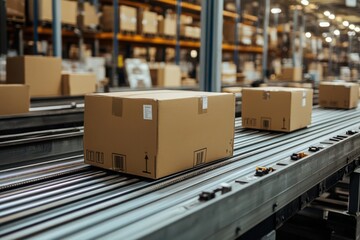 Boxes being scanned and sorted on conveyor belt, smooth warehouse operation
