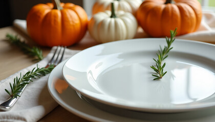 Thanksgiving Table Setting with Pumpkins and Rosemary