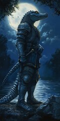 Fototapeta premium Armored crocodile stands by water under moon.