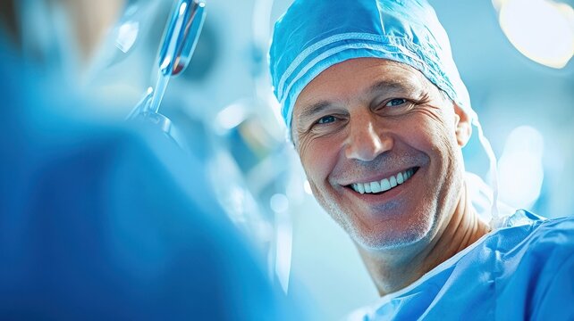 Smiling surgeon in scrubs and cap, demonstrating professionalism and care in the operating room setting.
