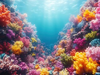Naklejka premium underwater scene showcasing a diverse coral reef, rich in colors and marine life, immersing the viewer in an ethereal underwater world