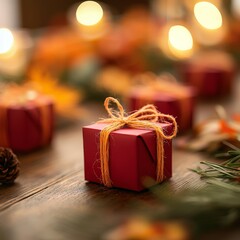 A cozy arrangement of small, wrapped gifts on a wooden surface, surrounded by autumn foliage and soft glowing lights.