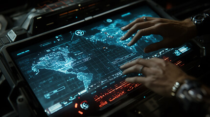 Obraz premium close up of hands interacting with futuristic touchscreen display, showcasing digital map and data visualization. scene conveys sense of advanced technology and global connectivity