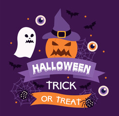 Halloween trick or treat. Pumpkin in witchhat, ghost, black bats and eyes. International festival of fear and horror. Spooky characters. Fantasy and imagination. Flat vector illustration