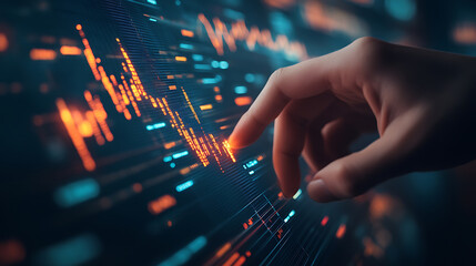close up of hand pointing at digital chart displaying data trends and fluctuations, conveying sense of analysis and insight. vibrant colors enhance visual impact