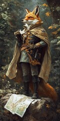 A fox in a military uniform stands with a map.