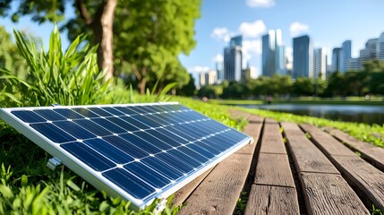 Fototapeta premium Sustainable City Park Powered by Solar Energy with Clean Walkways and Lush Greenery A Futuristic Vision of Urban Eco Friendly Living and Community Engagement