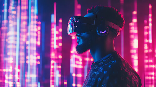 Immersed in vibrant virtual world, man experiences cutting edge technology through VR headset, surrounded by colorful light patterns that evoke sense of wonder and innovation