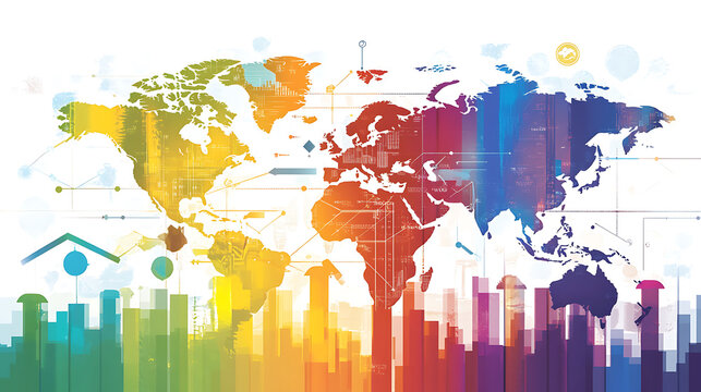 abstract representation of geopolitical risks and global data trends, showcasing colorful world map with vibrant colors and graphical elements
