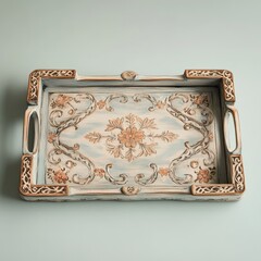 A charming hand-painted wooden tray adorned with intricate carvings, displayed against a soft pastel background for a rustic feel