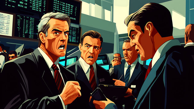 Traders in stock market scene express intense emotions as they react to fluctuating interest rates and market changes. atmosphere is charged with urgency and tension