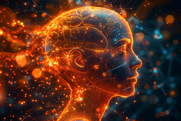 Digital Art of a Futuristic Cybernetic Human Head with Neural Networks and Glowing Connections