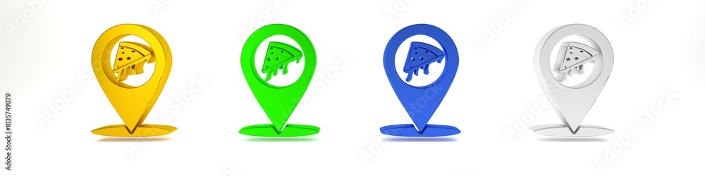 Poster colorful map pointer with fast food slice pizza icon isolated on white background. pizzeria location