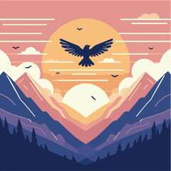 sunset over mountains and tree bird Design
