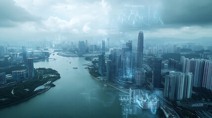 Futuristic cityscape with digital overlays showcasing advanced technology and urban development. skyline reflects innovation and modern architecture, creating dynamic atmosphere