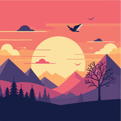 sunset over mountains and tree bird Design
