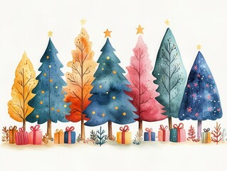 Obraz premium vector illustration of watercolor christmas trees in vibrant green, pink, and blue hues, adorned with gifts, isolated on a white background, capturing the festive spirit of the holiday season