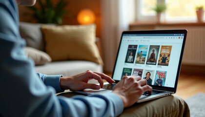 Man Browsing Online Bookstore on Laptop: Shopping for Books at Home