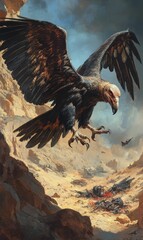 Fototapeta premium A large bird of prey flies over desert wreckage.