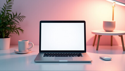 Fototapeta premium Laptop Mockup with Blank Screen: Pink and White Workspace