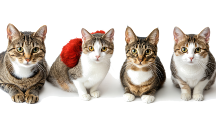 Four Cats in Red Accessories on White Background Generative AI