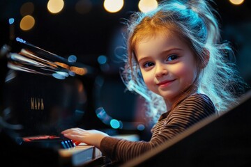A cheerful girl plays the piano under soft lights. Her smile lights up the room, creating a joyful atmosphere. This photo captures the essence of childhood and music. AI