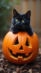 Black Cat in a Pumpkin and Autumn Leaves in a Festive Fall Scene Cute Yet Spooky Halloween Fun