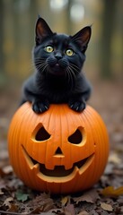 Black Cat in a Pumpkin and Autumn Leaves in a Festive Fall Scene Cute Yet Spooky Halloween Fun
