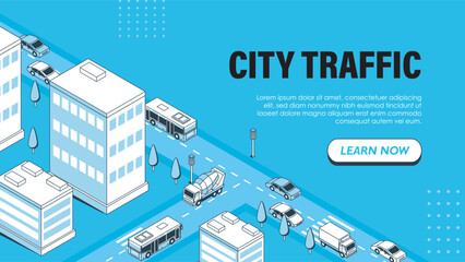 Isometric city traffic poster. Cars at crossroad at urban streets. Pedestrian crosswalk and zebra. Landing webpage design. Linear vector illustration