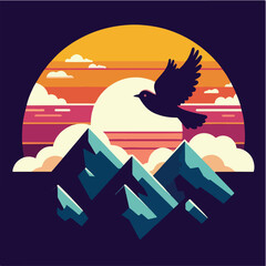 sunset over mountains and tree bird Design
