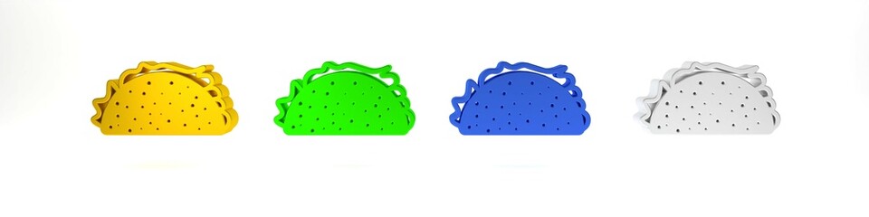 Colorful Taco with tortilla icon isolated on white background. Traditional mexican fast food. Minimalism concept. 3D render illustration