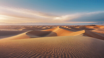 panoramic landscape view of sand dune desert with blue sky and natural light