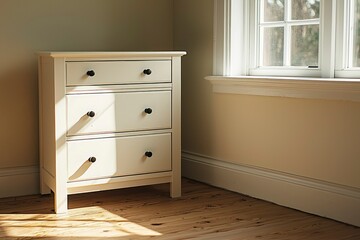 White Dresser with Black Knobs in a Sunlit Room