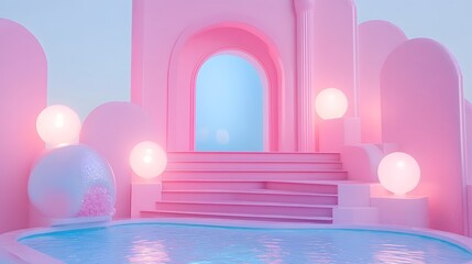 Serene pastel pink pool scene with glowing orbs and soft architectural curves.