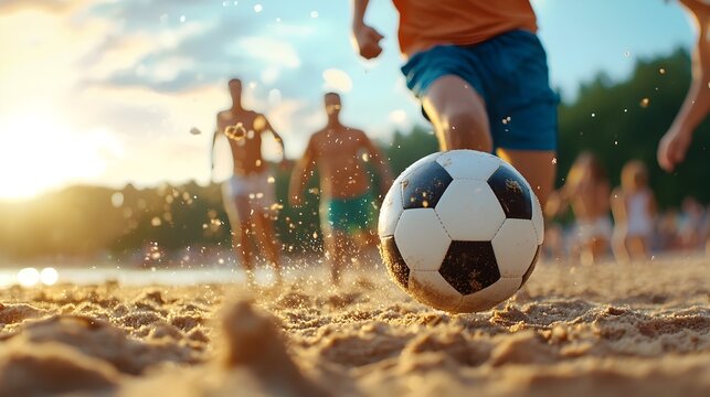 A group of friends enthusiastically playing beach soccer kicking the ball across the warm golden sand under the hot summer sun