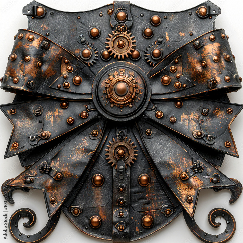 Poster intricate steampunk shield adorned with gears and rivets in a unique metallic design