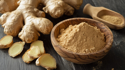 Fototapeta premium Fresh Ginger Root and Ground Ginger Powder in Wooden Bowl