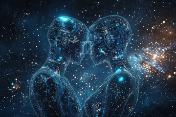 Futuristic humanoid figures embracing in cosmic circuitry landscape