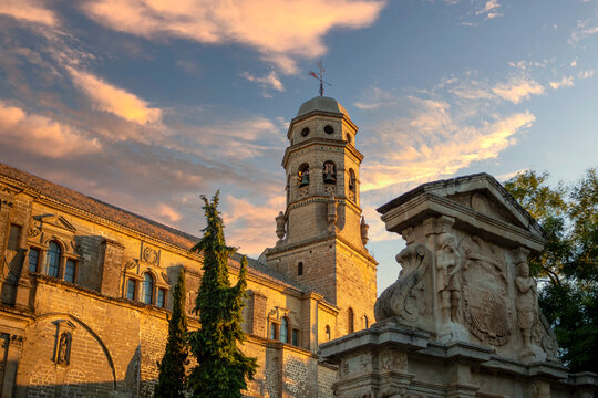 View of the Plaza de Santa Mar&iacute;a, with the Arch of Santa Mar&iacute;a and in the background the Cathedral of the Nativity of Our Lady of Baeza in Baeza, Ja&eacute;n, Andalusia, Spain at dusk