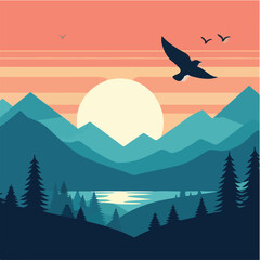 sunset over mountains and tree bird Design
