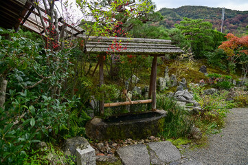 The gardern view of Nonomiya Shrine, Kyoto, Japan at autumn. A Shinto shrine in the Arashiyama district, close to its bamboo forest. Nature and travel concept. 