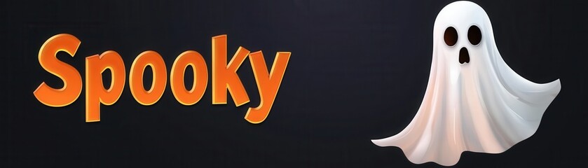 A playful ghost character with oversized eyes and the word "Spooky" beside it, set against a dark background, evoking a fun Halloween vibe.
