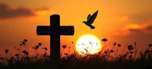 Cross Silhouette at Sunset. AI generated illustration.