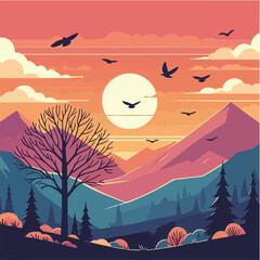 sunset over mountains and tree bird Design
