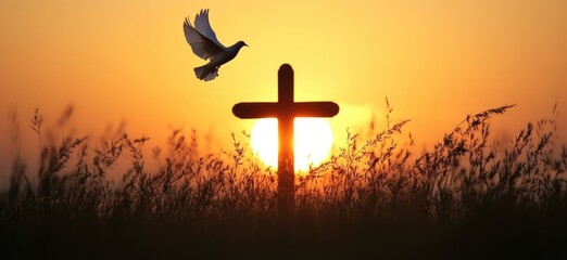 Cross Silhouette at Sunset. AI generated illustration.