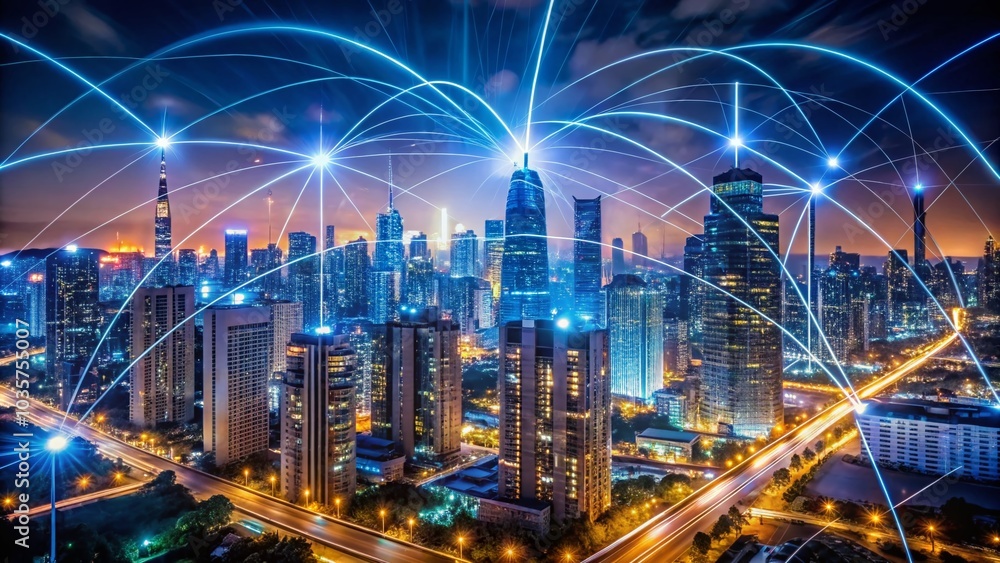 Aufkleber long exposure of global network communication concept with digital connections and data flowing in a