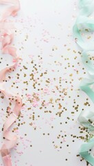 Minimalist Abstract Birthday Background with Gold Confetti and Pastel Ribbons - Perfect for Invitations