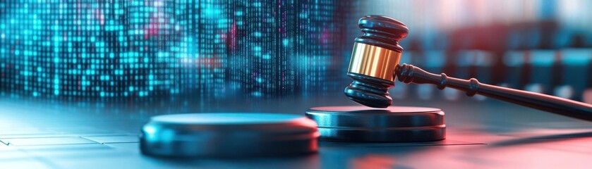 Digital courtroom scene with legal arguments centered on data privacy breaches, privacy protection, legal proceedings